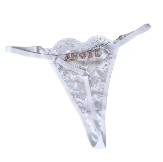 New Arrival Panties Private Underwear Custom Metal Letter Name Tangas Panty Rhinestone Labels Sexy Red Lace G-String Thong