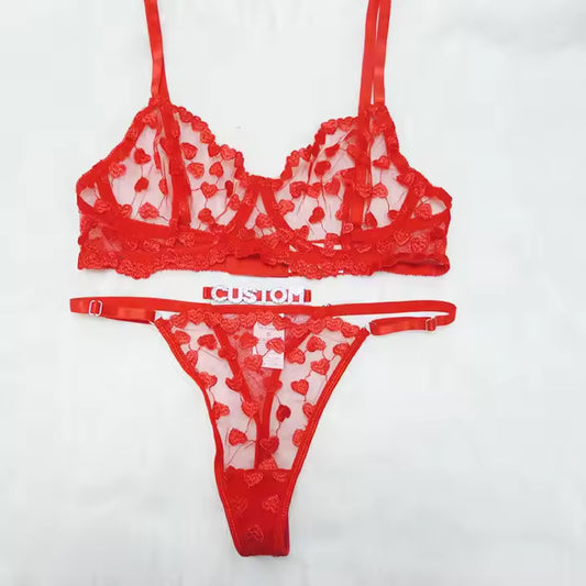 Valentine's Erotic Lingerie DIY Womens Mature Rhinestone Letters Thong Nightgown Pajama Set Heart Embroidery Bra Sets
